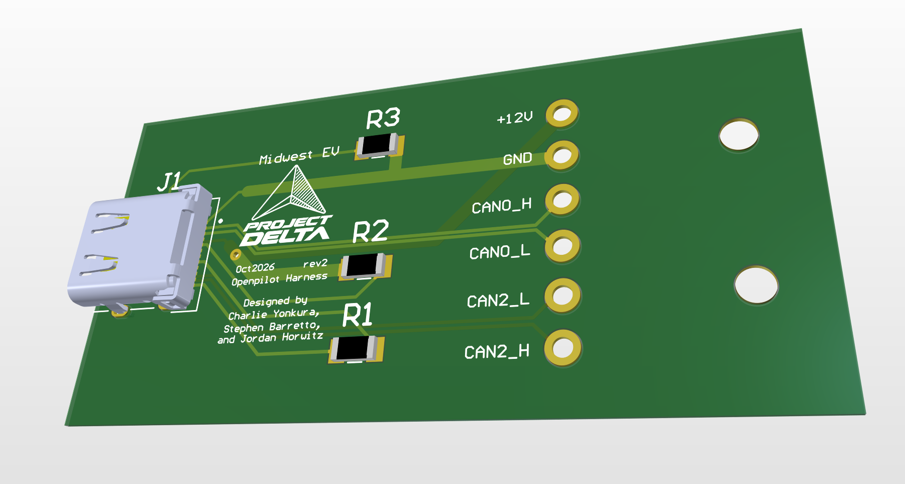 Rendered Project Delta openpilot harness board with a connector and labeled CAN pads