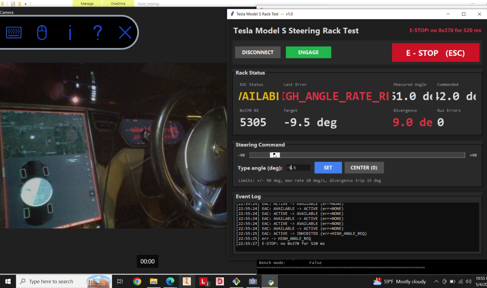 Tesla Model S steering rack test interface showing signals, commands, and event logs