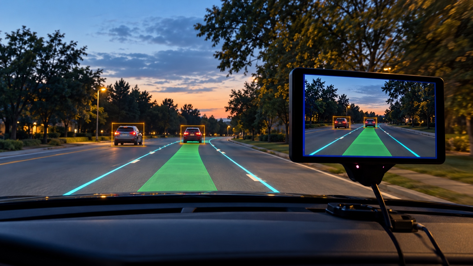 Driver-assistance visualization of a road with highlighted lanes and nearby cars