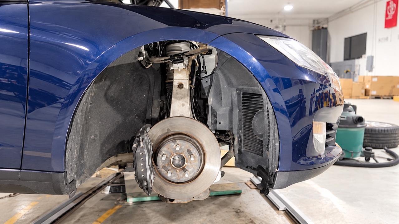 Exposed front suspension and brake assembly during inspection